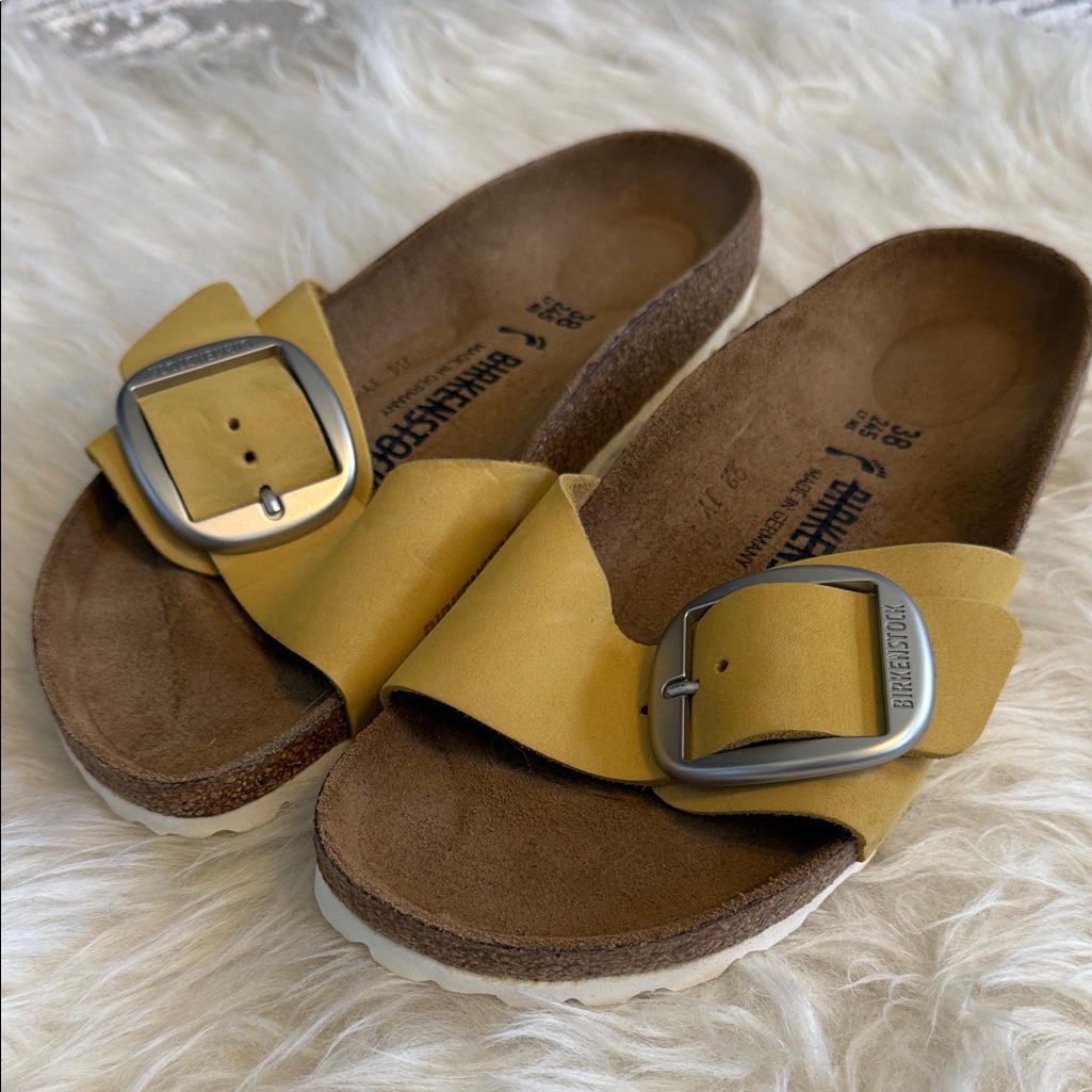 Birkenstock Mayari Yellow Leather Slide Sandals With Silver Buckles